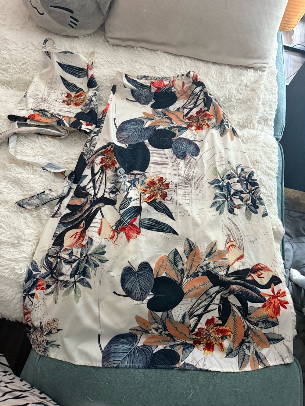 Floral A-Line Skirt and Matching Crop Top Set — white with Navy & Coral Print